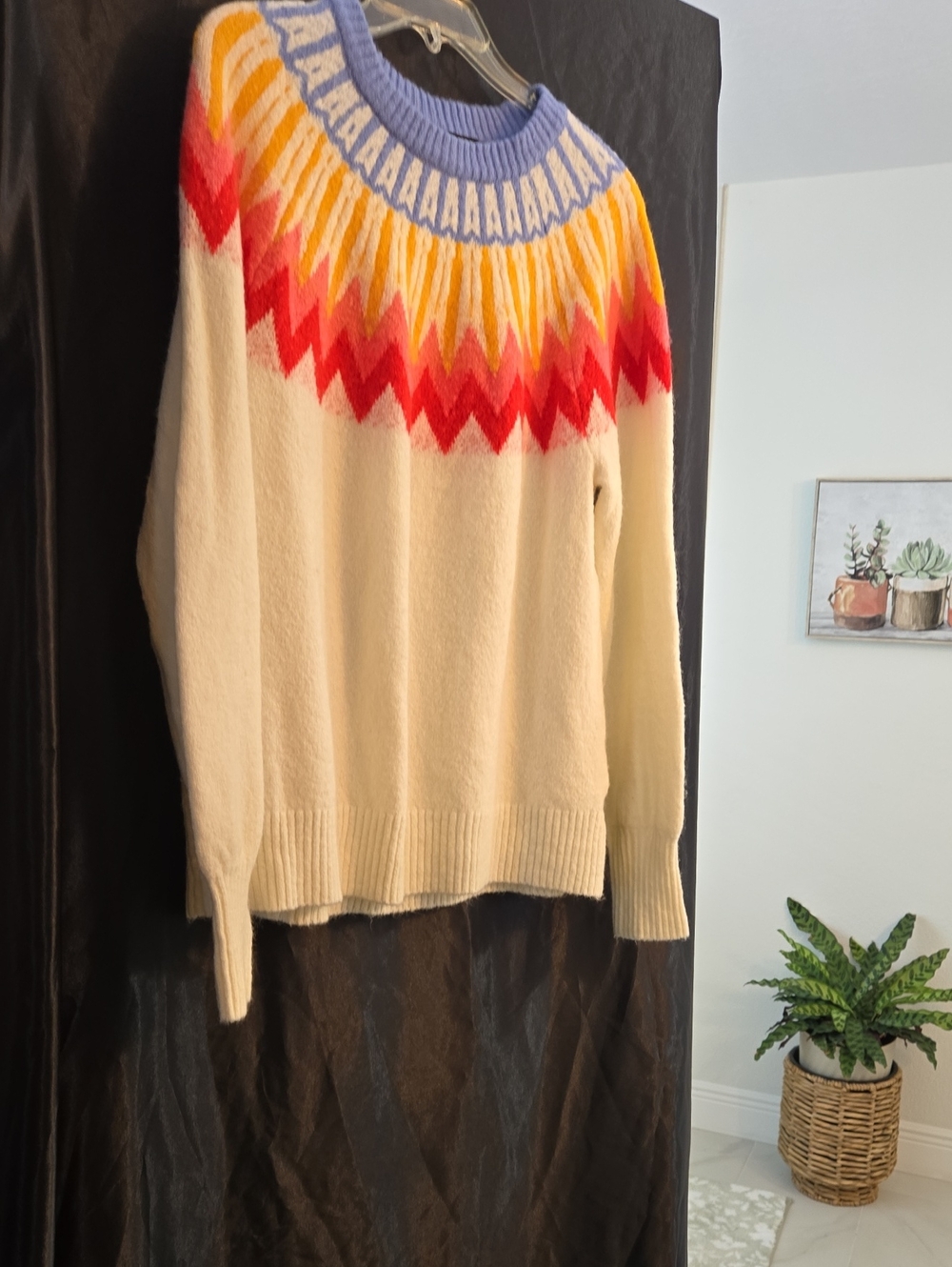 French Connection Cream Crewneck Sweater with Blue, Yellow and Red Yoke